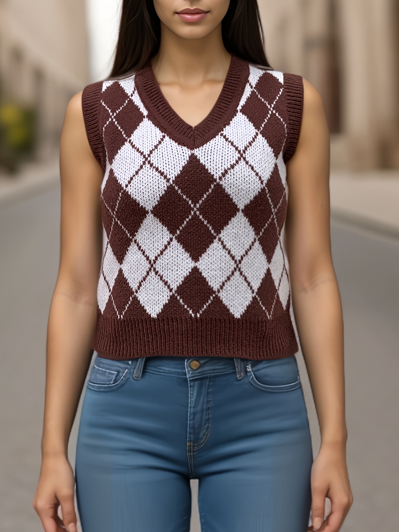 Argyle Pattern Crop Sweater Vest, Sleeveless V Neck Casual Sweater For  Spring & Fall, Women's Clothing