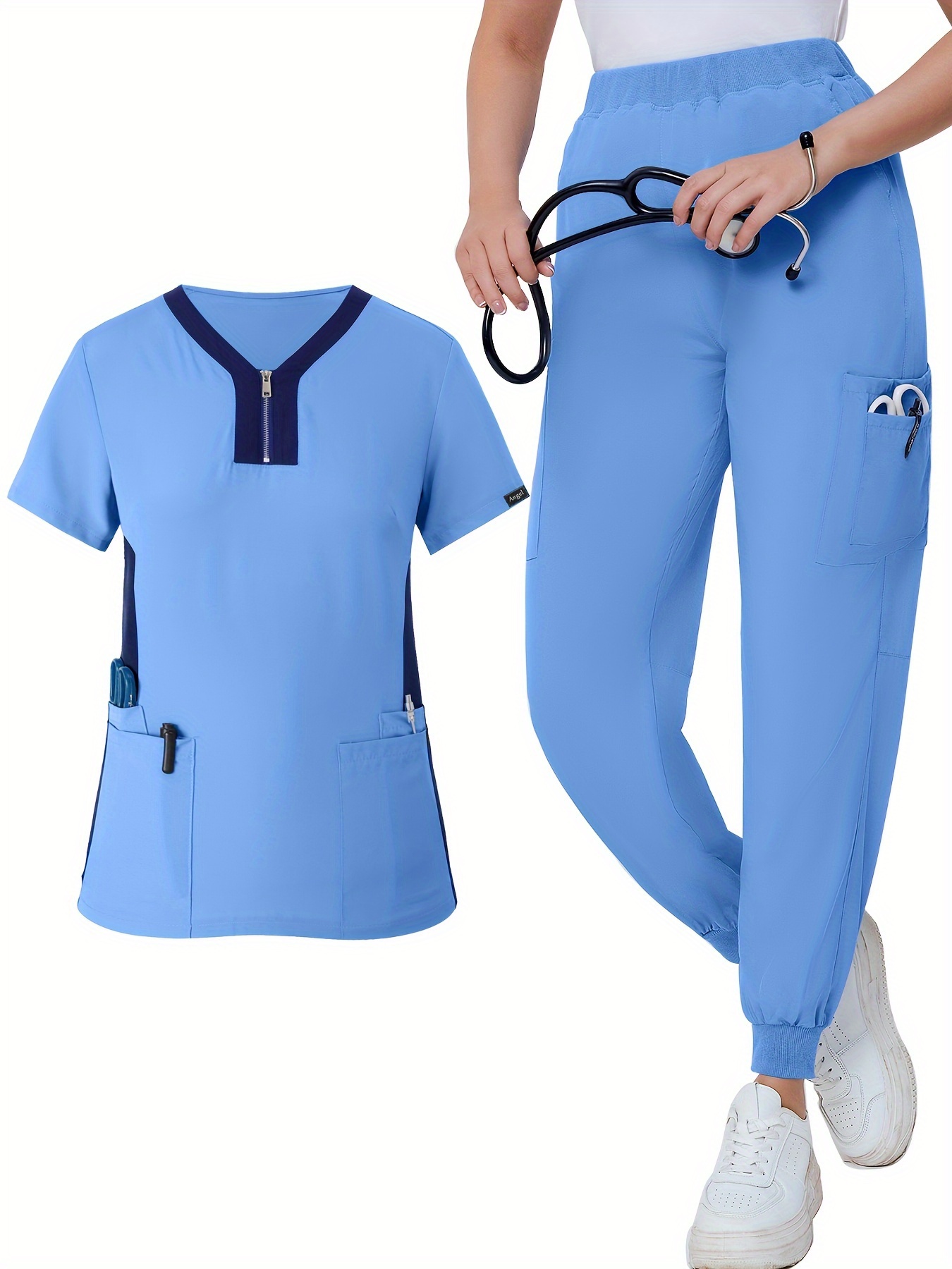 Solid V neck Short Sleeve Tee & Drawstring Waist Sweatapnts Nurse
