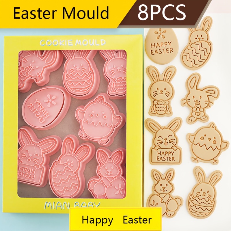 

8pcs Easter Cookie Cutter Set - Bunny & Egg Designs, Pink Plastic Baking Molds For Holiday Cookies,