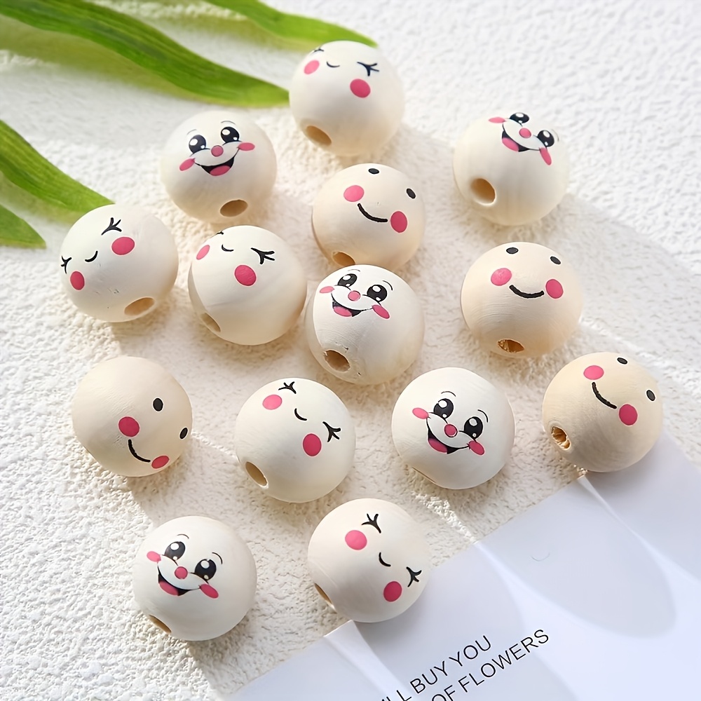 

120pcs Wooden Beads For & Crafts - Cute Round Wooden Beads With Doll Faces, Bracelets, Necklaces & Decorative Projects, Decorative Beads | Bead Design | Natural , Beads For Jewelry Making