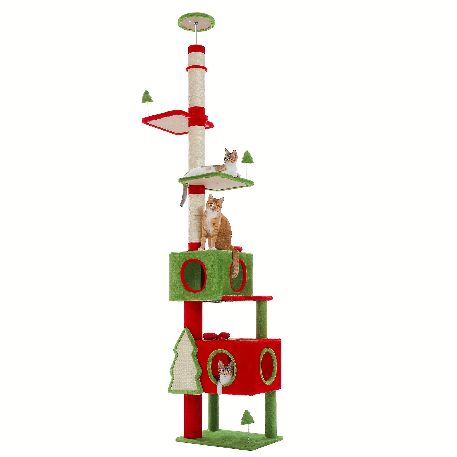 Image of Road Christmas-themed Floor-to-ceiling Cat Tree - Space- Vertical Scratching Tower With 3 Sisal Posts, Gift Box Cat Condo & Christmas Tree Scratching Pad, Fits Rooms Under 274cm (50x40cm)