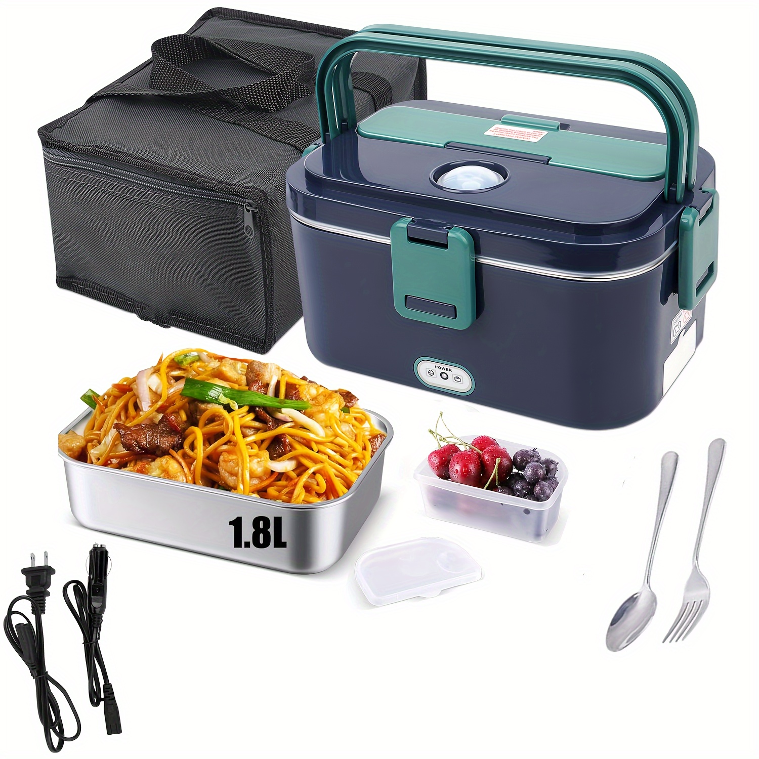 

80w Electric Lunch Box Food Heater, Portable Fast Heating Lunch Box, Car Truck Food Warmer, 1.8l Larger Capacity 304 Stainless Steel Container For Car And Home/office, With Carry Bag And Fork & Spoon