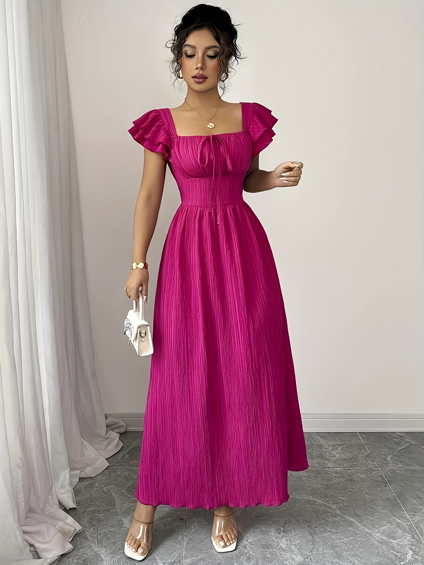 1pc elegant pleated maxi dress for women - high neck, solid color,  polyester, a-line silhouette, tummy-covering, versatile for - women's  clothing - Temu