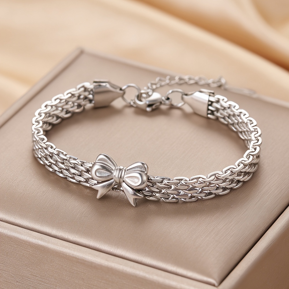 TEMU 1pc Stainless Steel Exquisite Double-layer Flat Chain Bowknot Women's Bracelet, Three-dimensional Embossed Bowknot Accent Accessory, Sweet And