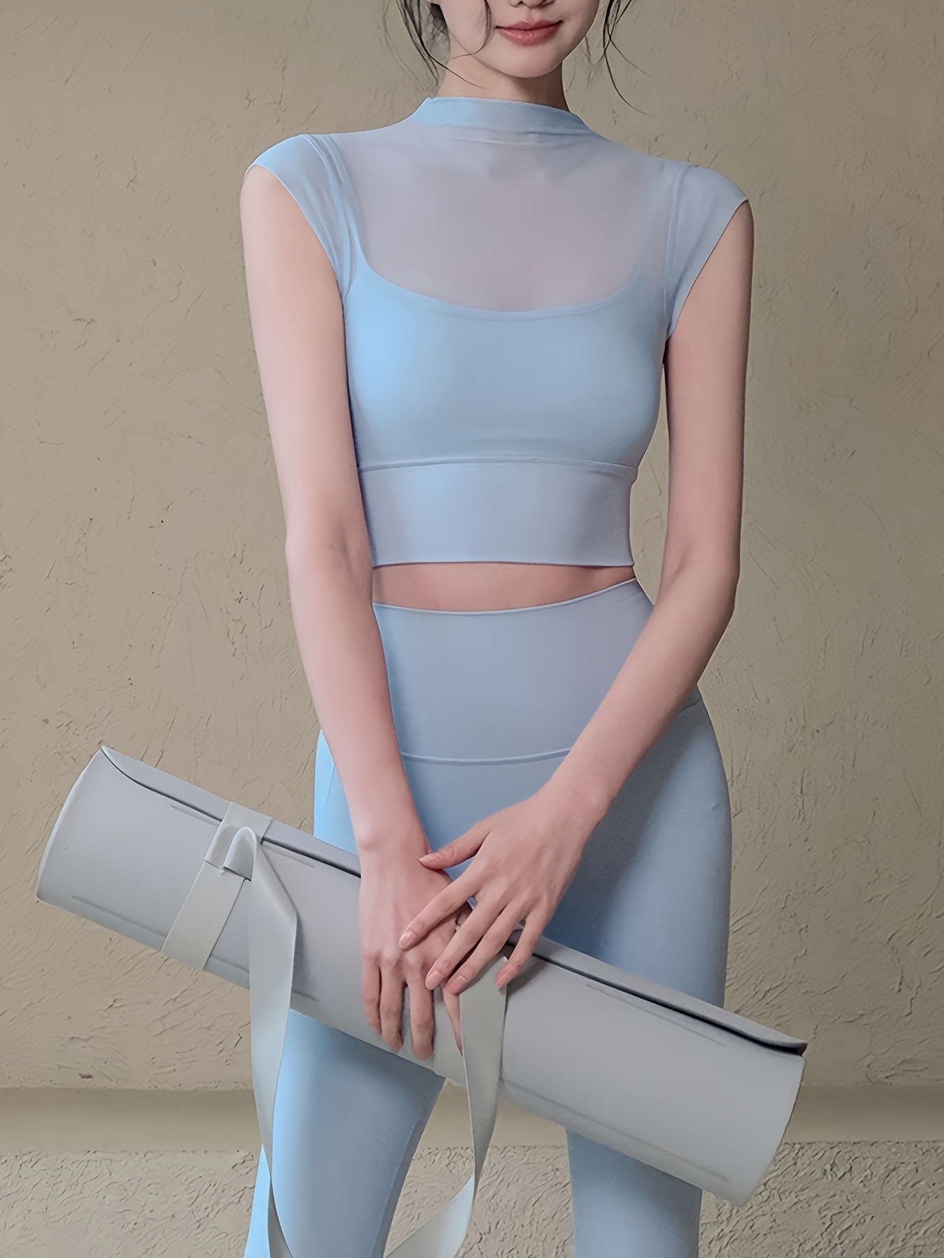 two piece set womens spring summer autumn mesh thin yoga tight top and leggings elegant outerwear fitness short sleeved pilates training outfit details 1