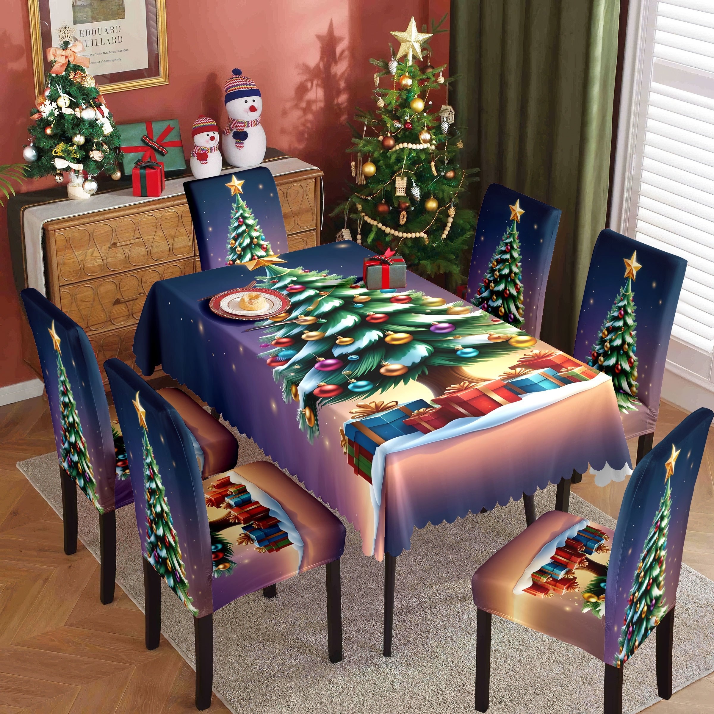 

Open; 5pcs/7pcs Chair And Tablecloth Set; Gorgeous Christmas Tree Decorative Tablecloth And Chair Cover; Suitable For Christmas Kitchen, Hotel, Party, Beautiful And Dust-proof;