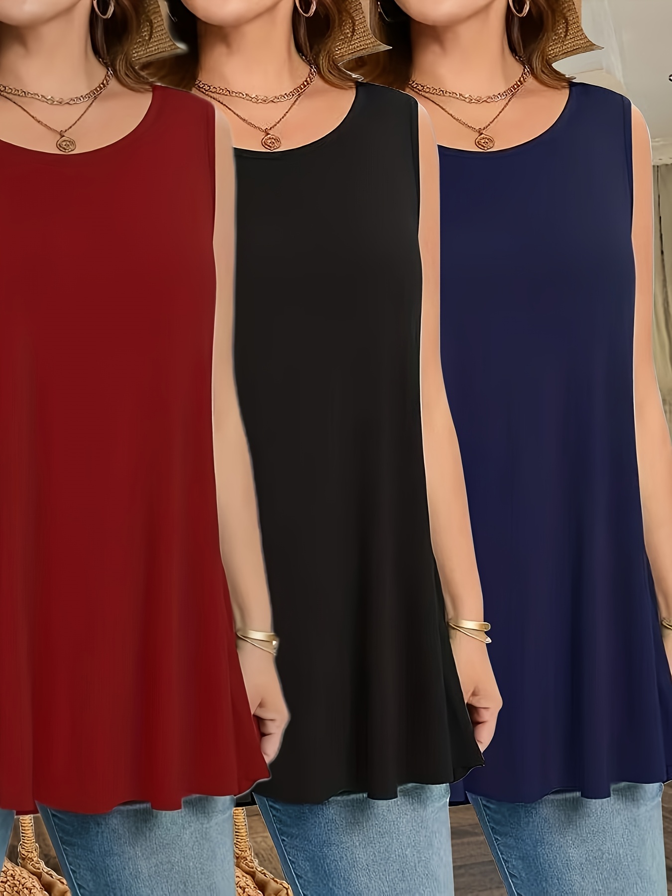 plus size 3pcs set womens plus size loose fit round neck vest soft and comfortable fabric red black blue 0