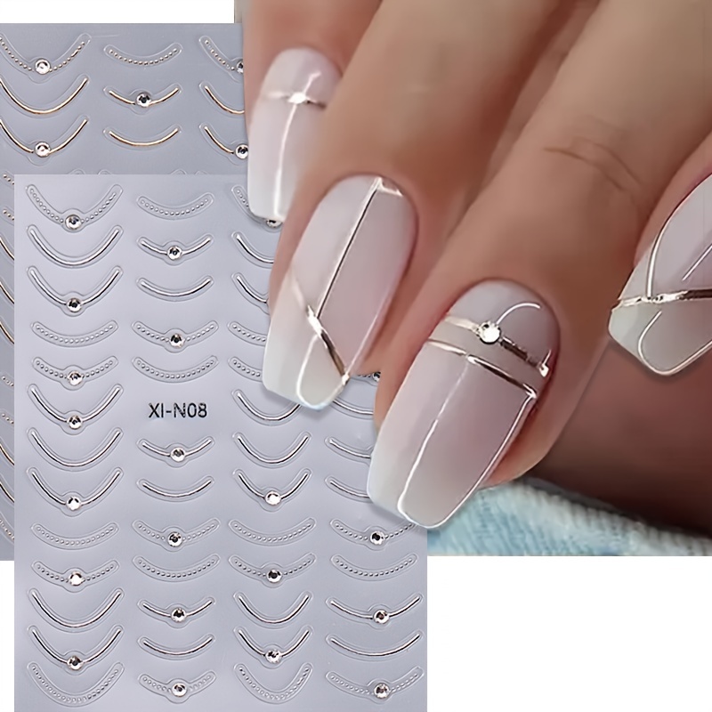 

2pcs 3d Golden & Silvery Line Nail Art Stickers With Crystal Rhinestones - Self-adhesive French Manicure Decals For Diy Nail Design, Sparkling Embellished Accessories For Women And Girls