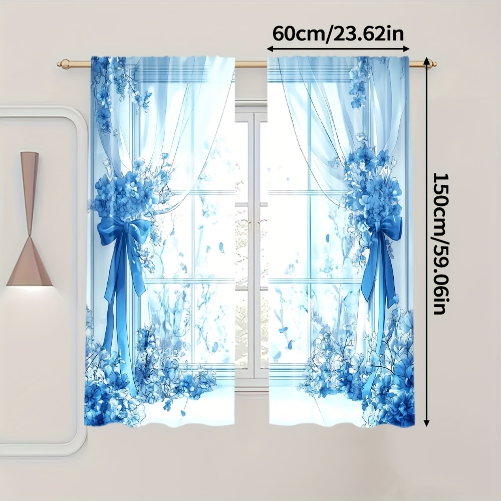 TEMU 2pcs Blue Floral-like Curtains - Semi-sheer Window Drapes With Elegant Window, Light Filtering Privacy & , Rod Pocket Hanging For Living Room,