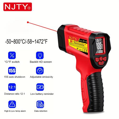 jd 10 red yellow 1 pack infrared thermometer laser thermometer digital lcd backlight 50 800 c 58 f 1472f range 12 1 d s ratio adjustable emissivity 0 1 0 99