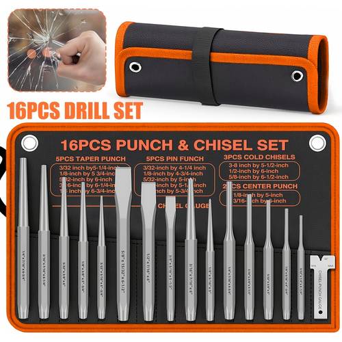 16pcs punch chisel tool set chrome vanadium steel taper center pin punches cold chisels high hardness impact resistant portable storage pouch essential for metalworking woodworking machinery repair