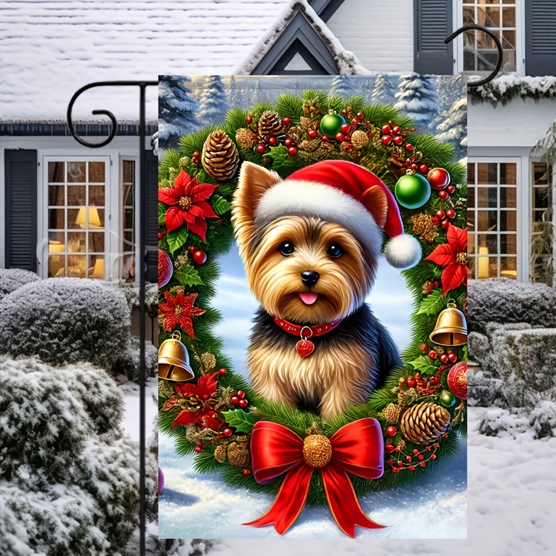 

Yorkshire Terrier Christmas Wreath Garden Flag - 1pc Polyester, Multipurpose Outdoor & Home Décor, , Flagpole Not Required, No Electricity Needed