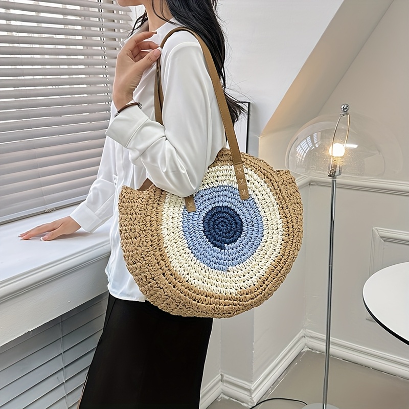 New Large Capacity Straw Bag, Retro Round Ring Beach Tote for Spring and  Colorful Ethnic Style Shoulder Bag for Pe