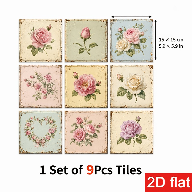 TEMU 2d Flat 9pcs 15x15cm (5.9x5.9in) Slate Tile Stickers Frosted - Peel And Stick Wall Tiles With Vintage Floral Pattern For Kitchen Backsplash,
