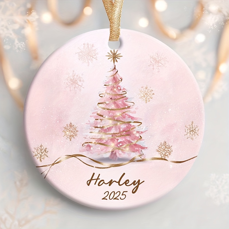 TEMU Personalized Pink Ceramic Christmas Tree Ornament - Custom Name/year Keepsake, Elegant Name-engraved (or Printed) Durable Hanging Decoration For