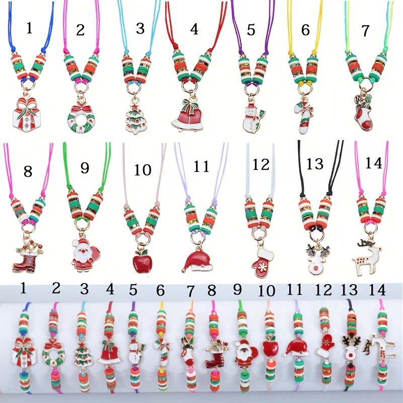 

28pcs/set Girl's Vibrant And Necklace Set, Colorful Christmas Tree Santa Claus Snowman Assorted Varieties Pendant Necklace Gift (braided Rope Adjustable)