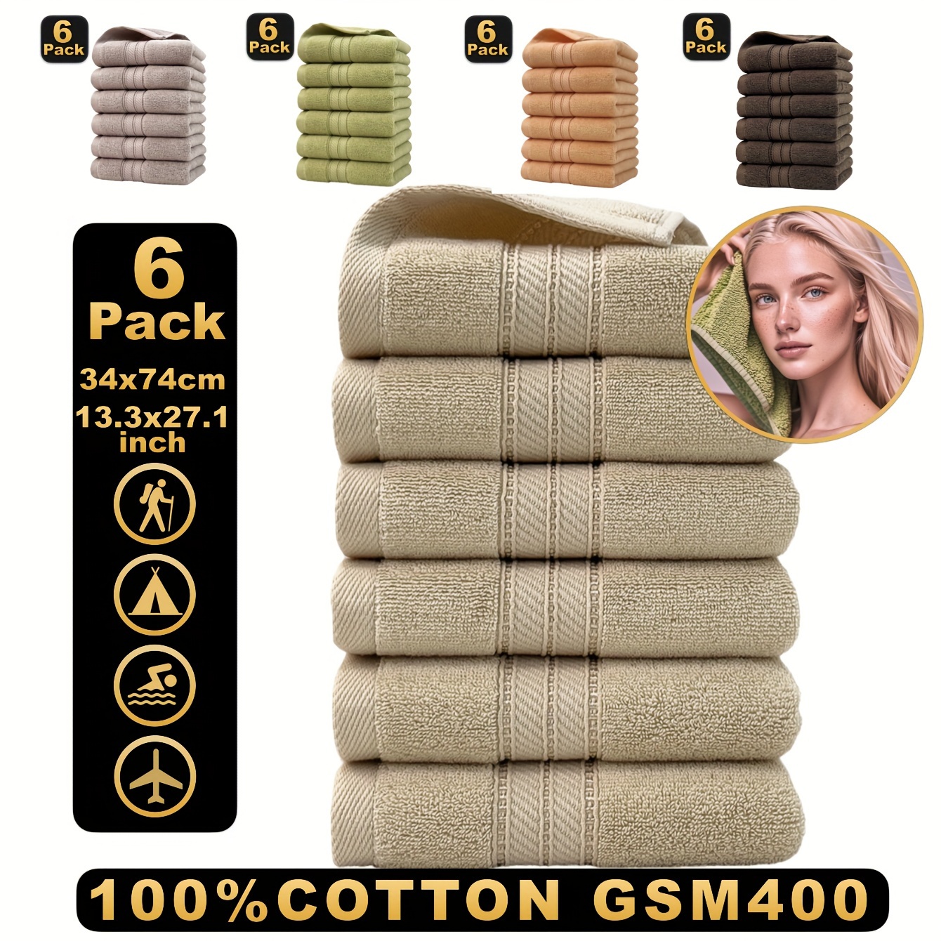 

6pcs Towels Set, 34x74cm (13.4x29.1in), , , Non-fading, Towels For Bathroom, - Cloth