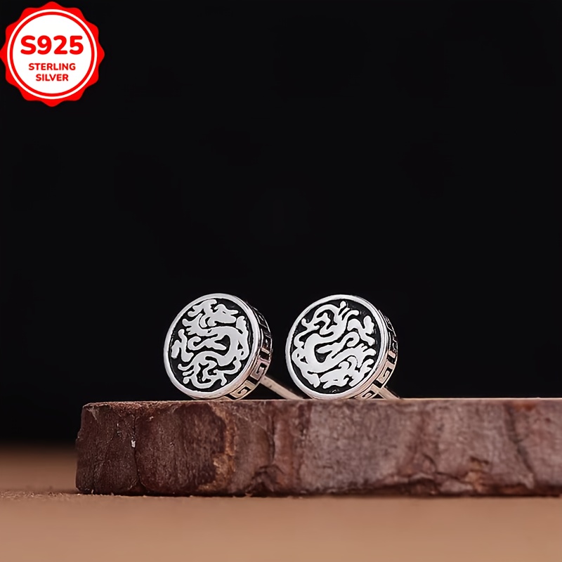 Vintage Dragon Pattern 925 Sterling Silver Stud Earrings