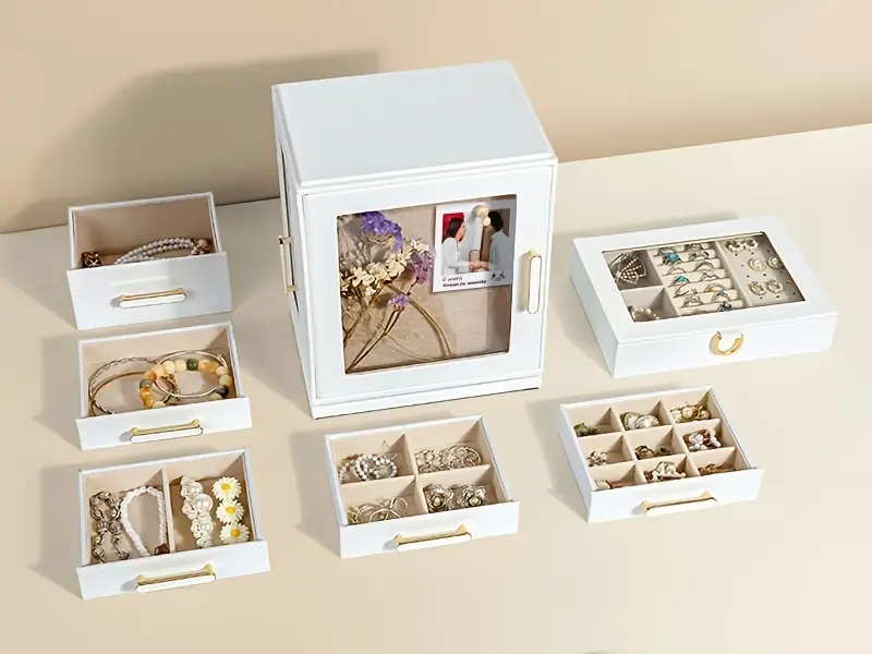 360 rotating jewelry organizer box black synthetic leather with detachable tray drawers push pins for display compact storage for necklaces bracelets collectibles gift for weddings diy crafts collectors jewelry organizer storage elegant design durable construction Product details 0