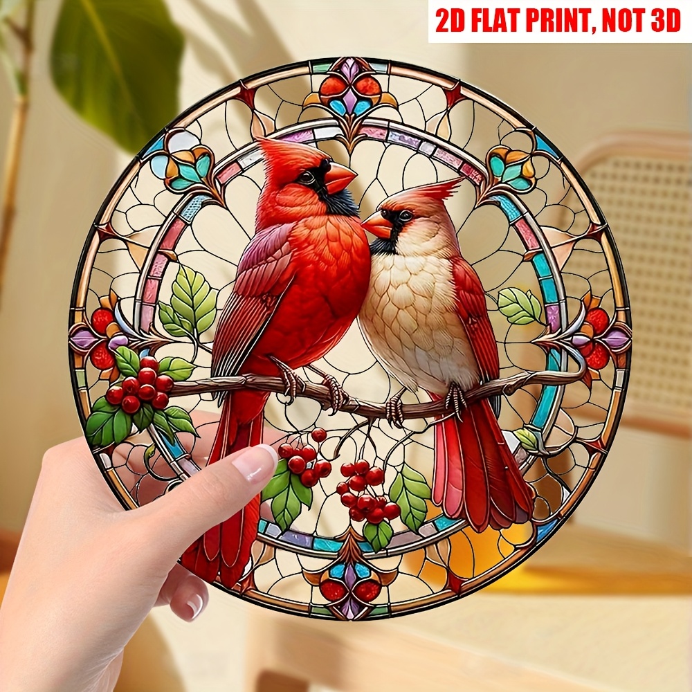 TEMU 2d Flat, 2d Flat Vibrant Red Stained Acrylic Suncatcher - Translucent Round Door Window Hanging Ornament Wreath Decor - Festive For Home, Porch,