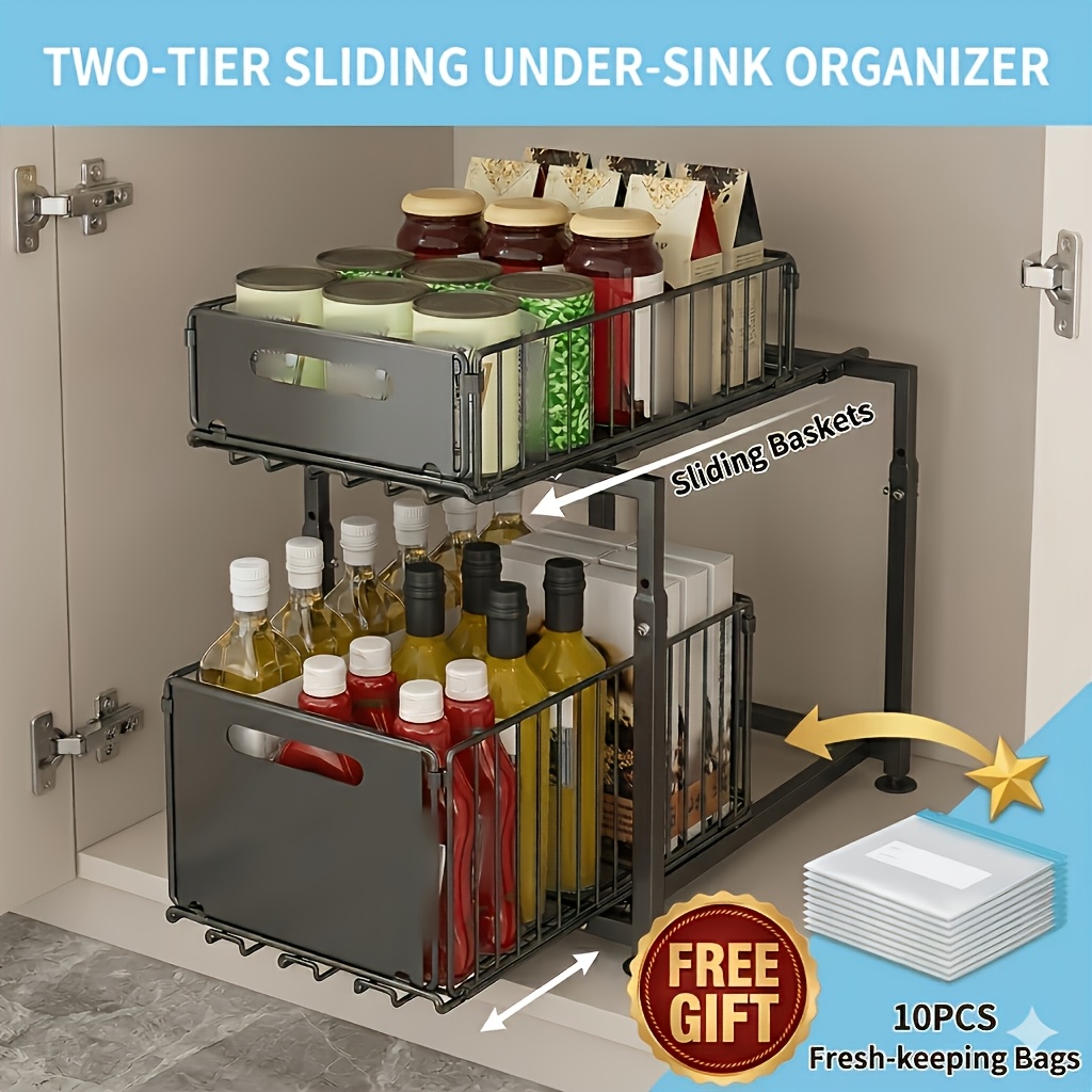 Image of 2-tier Under Sink Organizer, Sink Shelf Cabinet Storage Shelves, Spice Rack Organizer, Heightening Large Capacity , Black Finish, Easy Assembly, Space-, For Kitchen, Bathroom, Desk, Counter