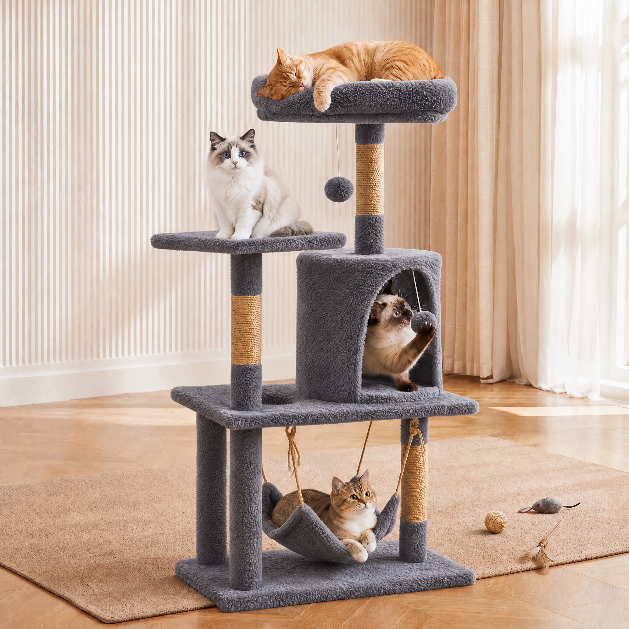 Image of Large Anti-tipping Cat Tree, Indoor Cat Climbing Toy, Stable Cat Scratching Post With Wear-resistant Sisal Vertical Post, With Cat Hammock, Spacious Observation Deck Jumping Platform