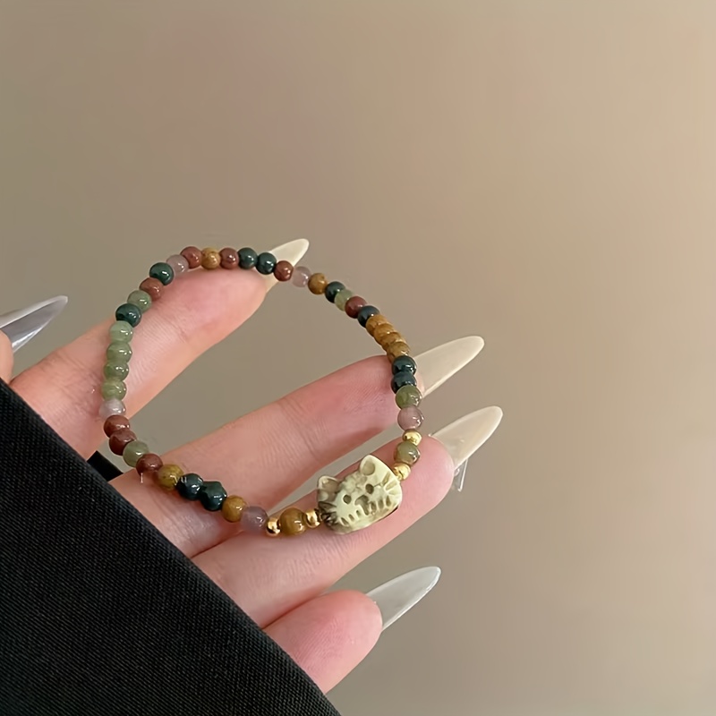 E-shop 1 Stück Natursteinarmband mit einem niedlichen Katzenkopf-Design im Bohemian-Dopamin-Stil, ergänzt durch 14K vergoldenete Perlen. Es ist und ,