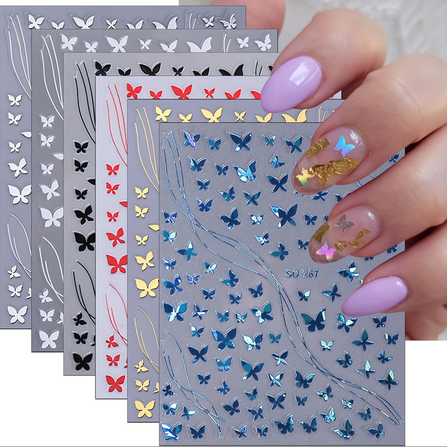 Image of Set Of 6 For Nail Art Stickers Featuring 3d Designs In Black, White, Golden, Silvery, And Red Laser Butterflies. Decals Are Perfect For Luxurious For Nail Art For Women And