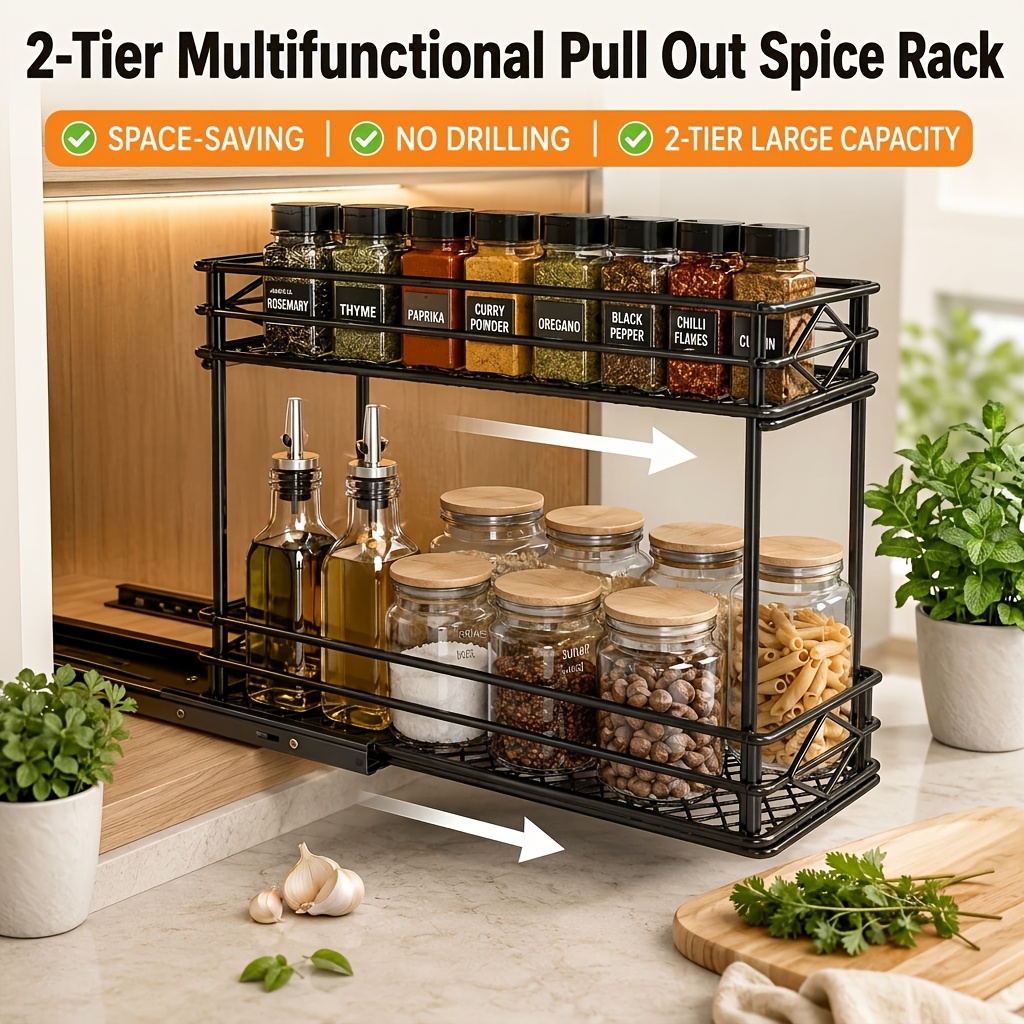 TEMU Étagère à épices coulissante à 2 niveaux, Rangement coulissant pour placard, Étagère à épices de cuisine en métal, Rangement pour pots à épices,