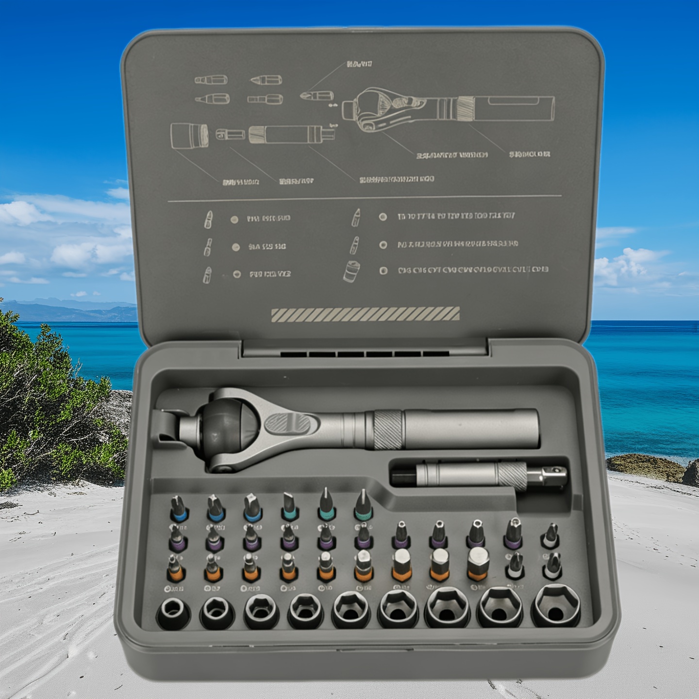 TEMU Jeu de tournevis à cliquet professionnel avec étui style livre, embouts à rapide à code couleur, cliquet sphérique 45 dents pour espaces , kit