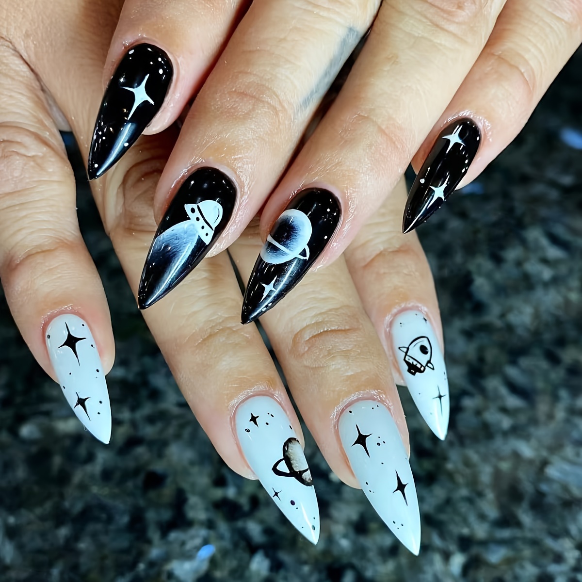 24pcs Of Women's Nail Set Black And White Fake Nail Almond Water Drop Medium And Long Planet