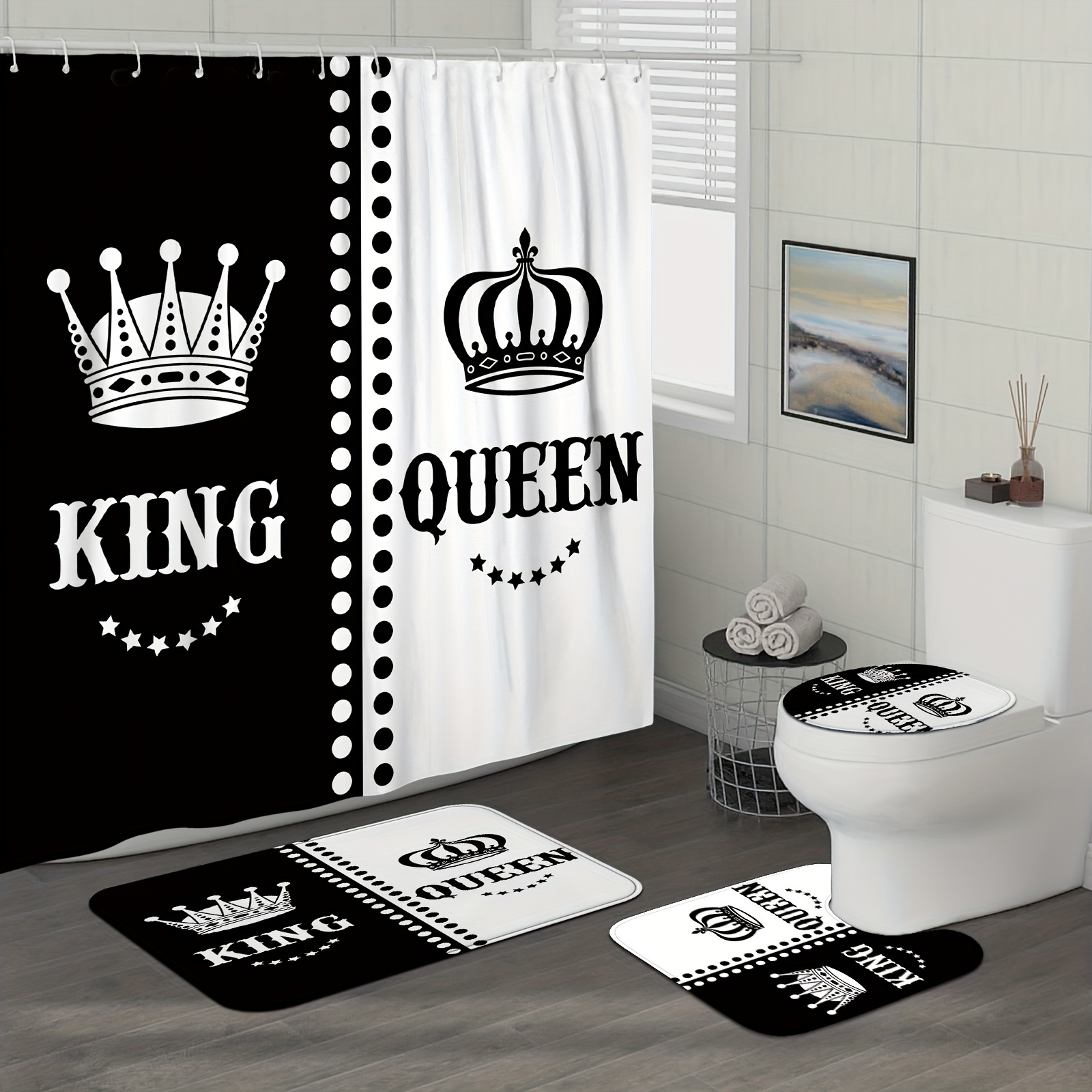 

1/4pcs King & Queen Crown Printed Shower Curtain Set With 12 Hooks, Decorative Partition Curtain, Toilet Cover Mat, Bathroom Non-slip Mat, U-shape Carpet, Bathroom Accessories