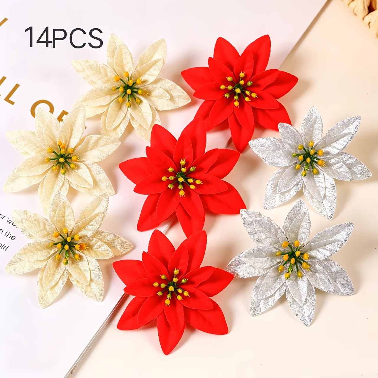 TEMU 14pcs-christmas Artificial Flowers. Red Golden Silvery Flowers. Festive Decorative Flowers