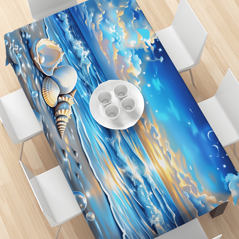 TEMU 1pc Of Beach Shell Tablecloth, Ocean-themed Home Decor, Polyester Printed Rectangular Table Cover, Suitable For Decorating Family Dining Tables,