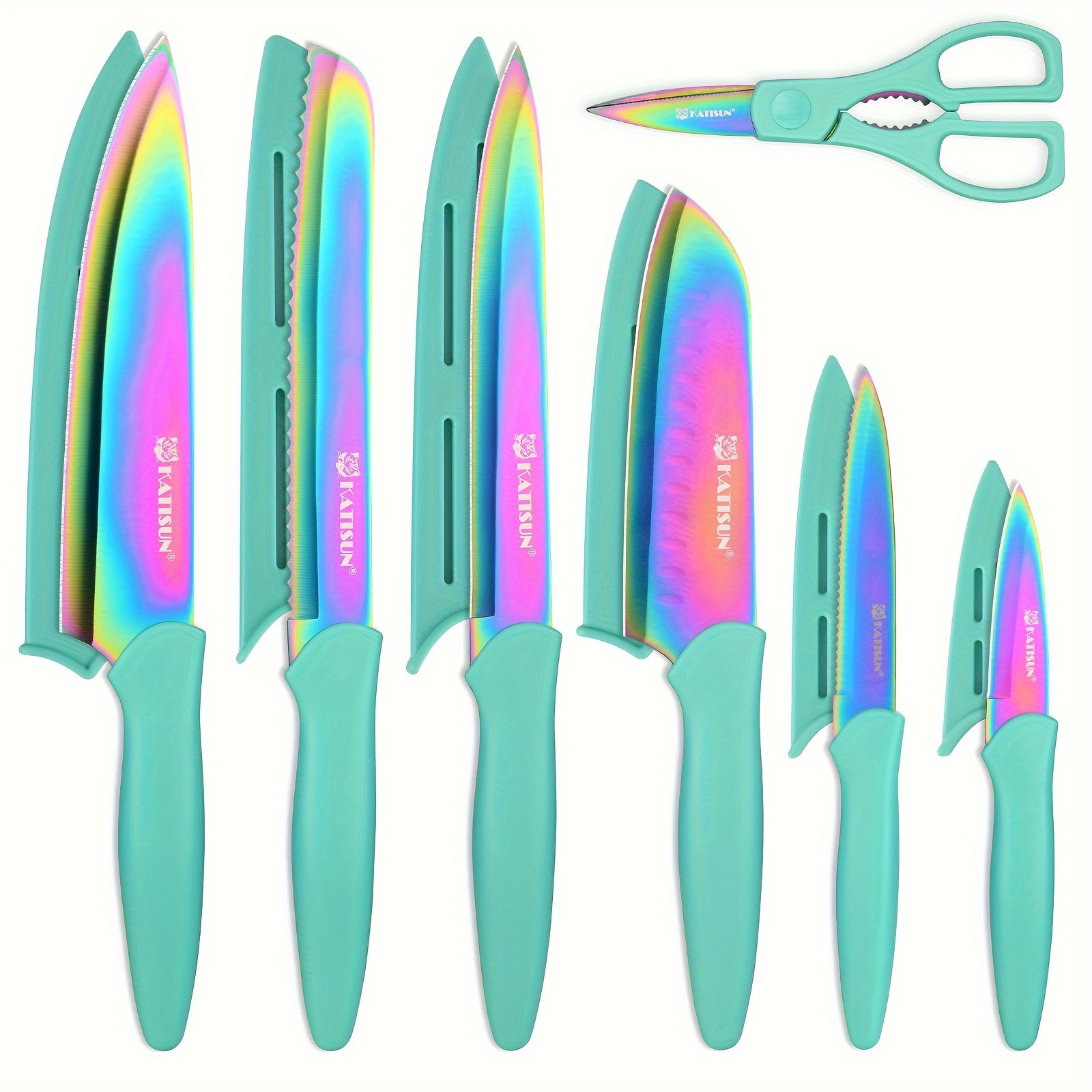 

Kitchen Knife Set With Guards, 13 Piece Rainbow Titanium Coated Stainless Steel Boxed Knives Set, Anti-rust And Dishwasher Safe, 6 Knives With 6 Blade Covers And Kitchen Shears