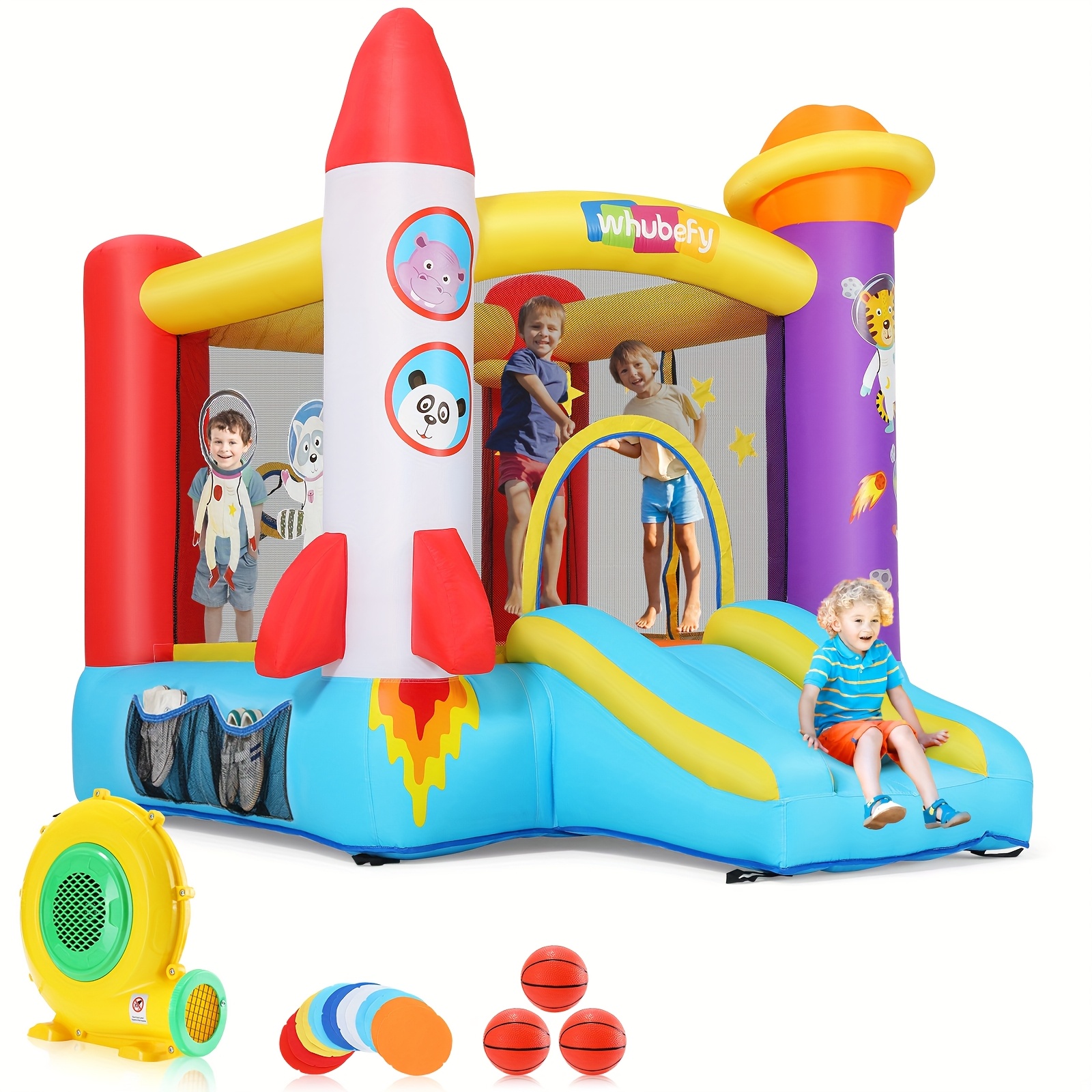 Image of Bounce House, Fun Bouncy House With Blower, Tropical Jungle Animals Party Bouncer Slide & Jumping Area, Ball Toss Game, Backyard Inflatable Bounce House Gift For Kids