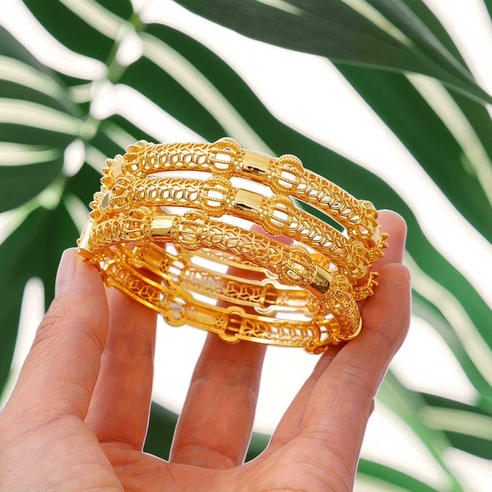 2pcs Elegant Golden Openwork Bangle Bracelets, Festive Gift