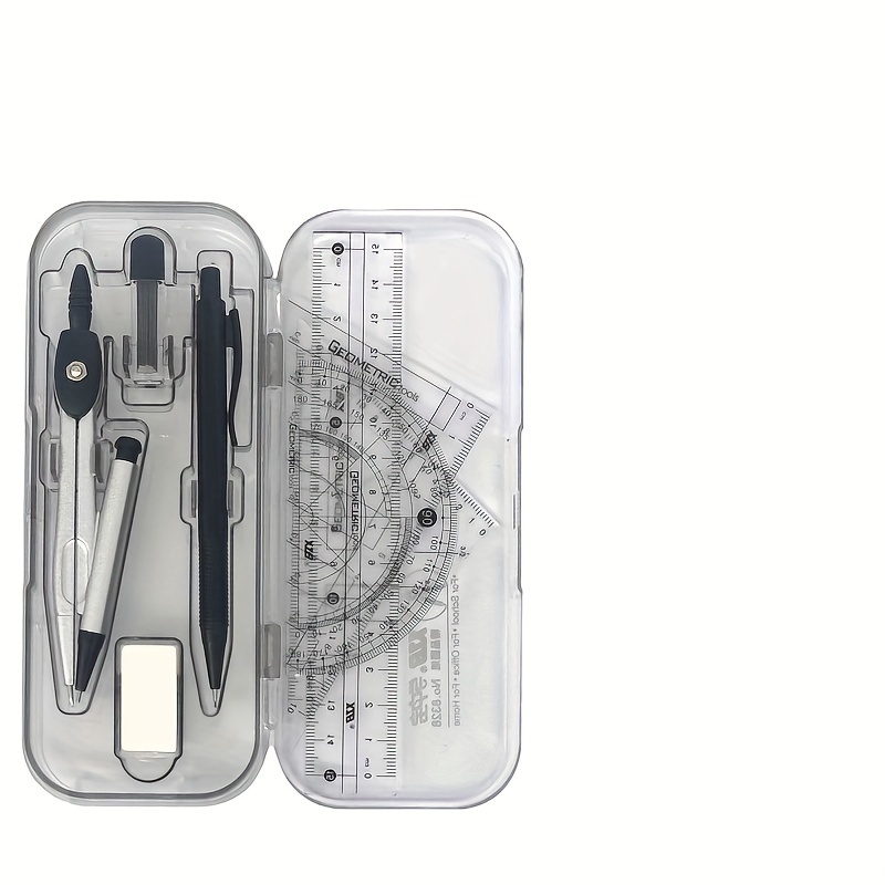 

8-piece Protractor Set: Geometric Drawing Tools, Including Compass, Ruler, And Triangles - Transparent Plastic Case