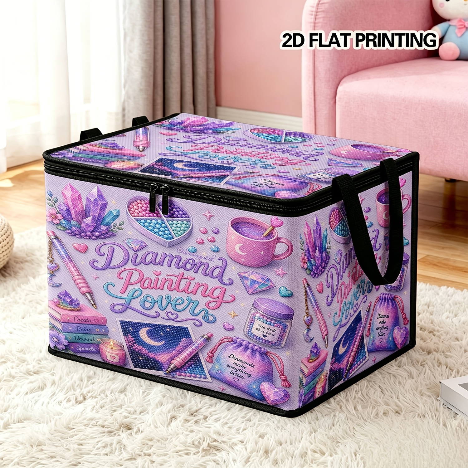 TEMU Soft Fabric Diamond Painting Enthusiast Theme Print Large Capacity Foldable Storage For Box. Features Sweet Hand-drawn Patterns, Crystal