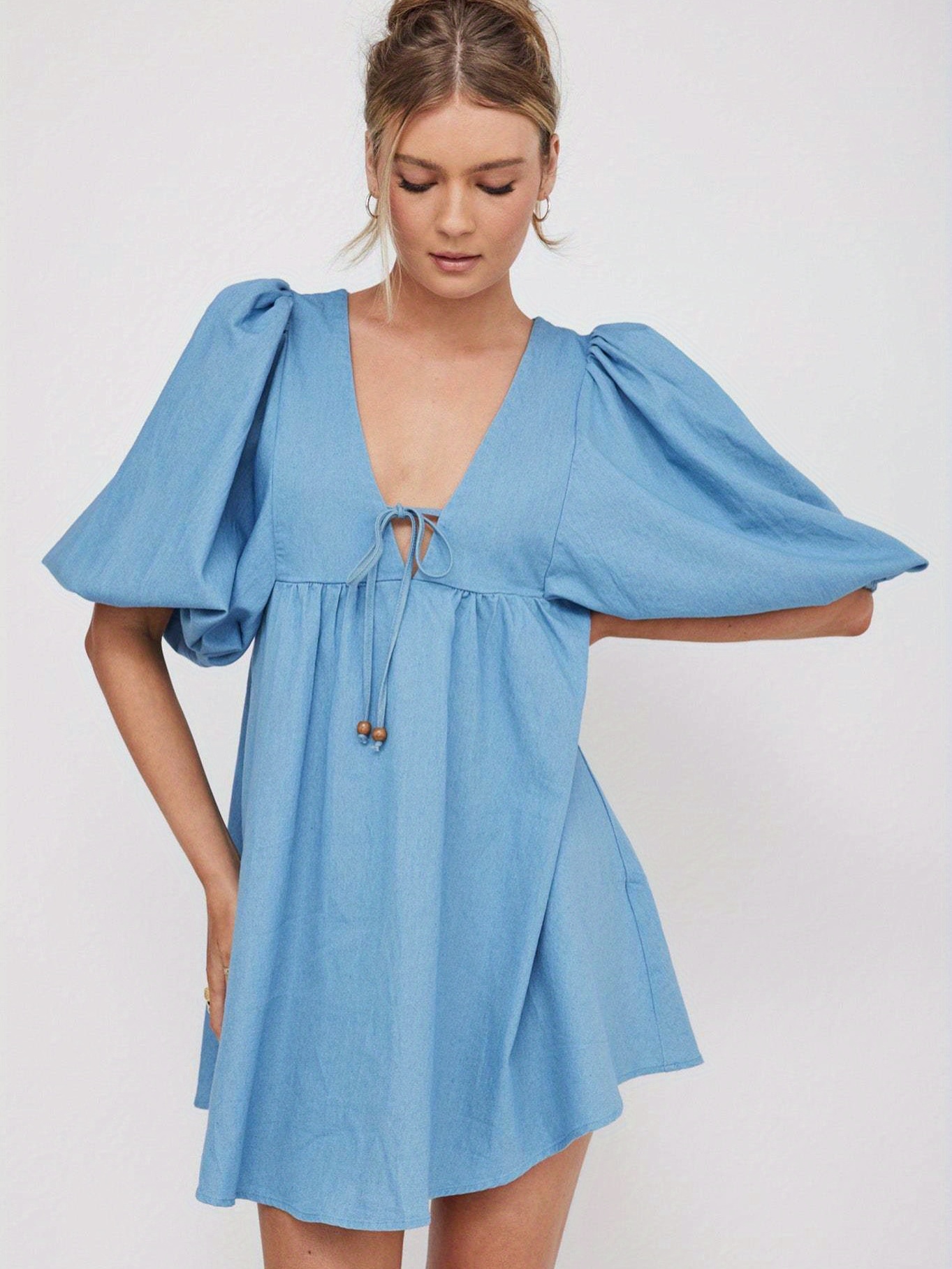 womens casual denim babydoll dress loose fit deep v neck tie - Temu