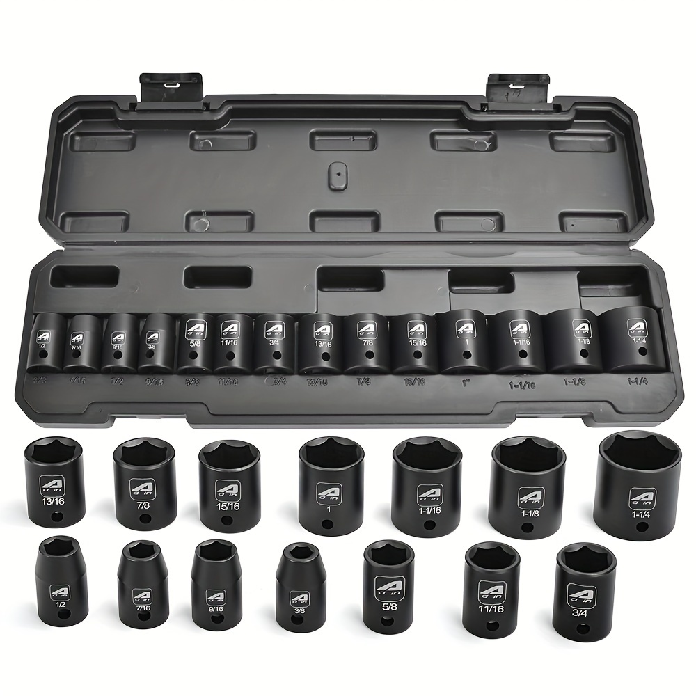 

Aain Aa028 1/2" Drive Sae Shallow Impact Socket Set, 6-point Impact Socket Set, 14 Piece Set 3/8" To 1-1/4