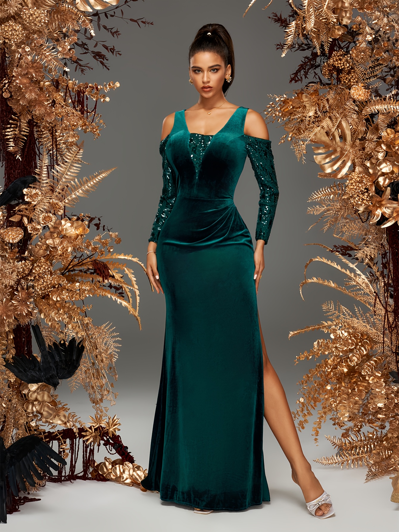 best shoes for emerald green dress silver Women's Velvet Rhinestone Stiletto Heels, Elegant Pointed Toe Wedding Guest Church Ceremony 2026 BFS24_10OFF Step into luxury with Ethical Bridesmaid Dress Velvet dress with Fit:Tall – what color shoes to wear with dark green dress main image 0