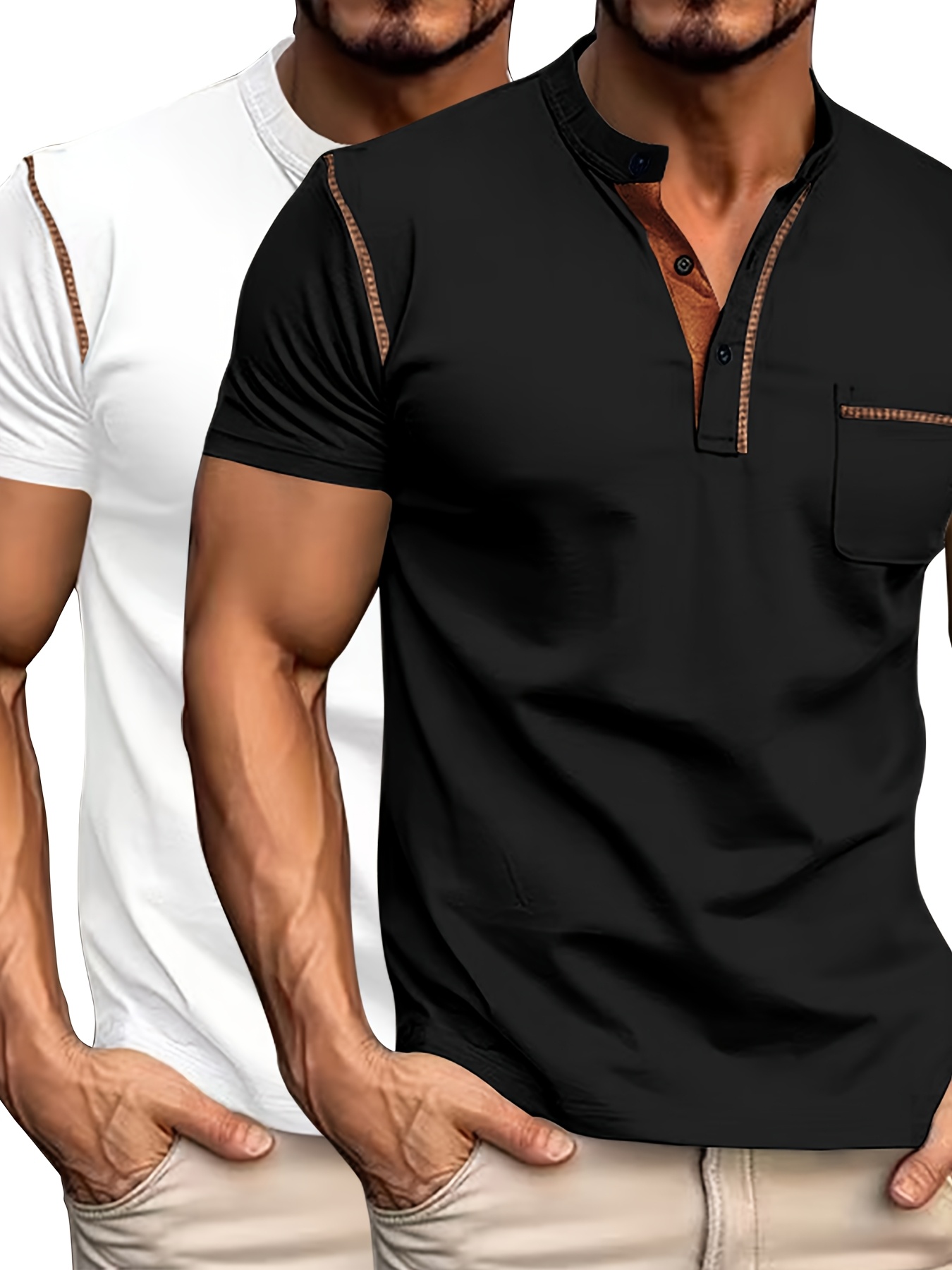 Conjunto de duas peças casual para homem, camiseta, camiseta de manga curta com decote em V e detalhes de botão, camiseta desportiva ajustada.