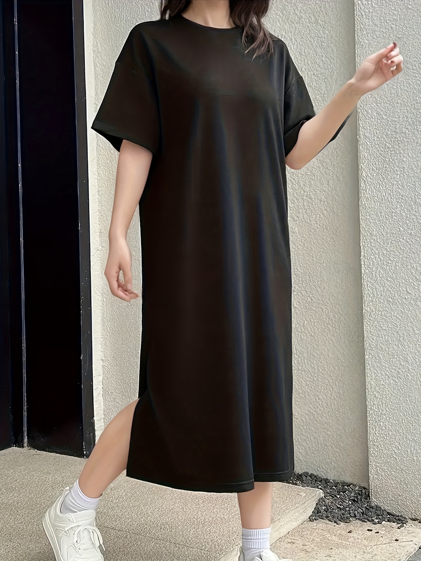 women's chic black knee length t shirt dress side Temu Canada