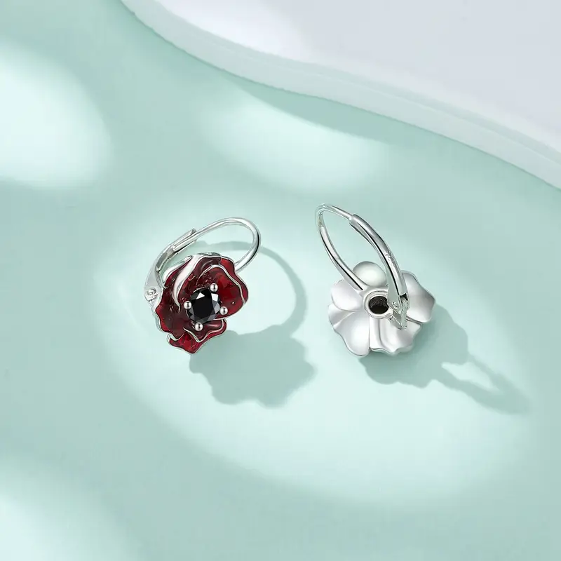 925 sterling silver poppy earrings red flower earrings leverback earrings poppy jewelry Product details 2