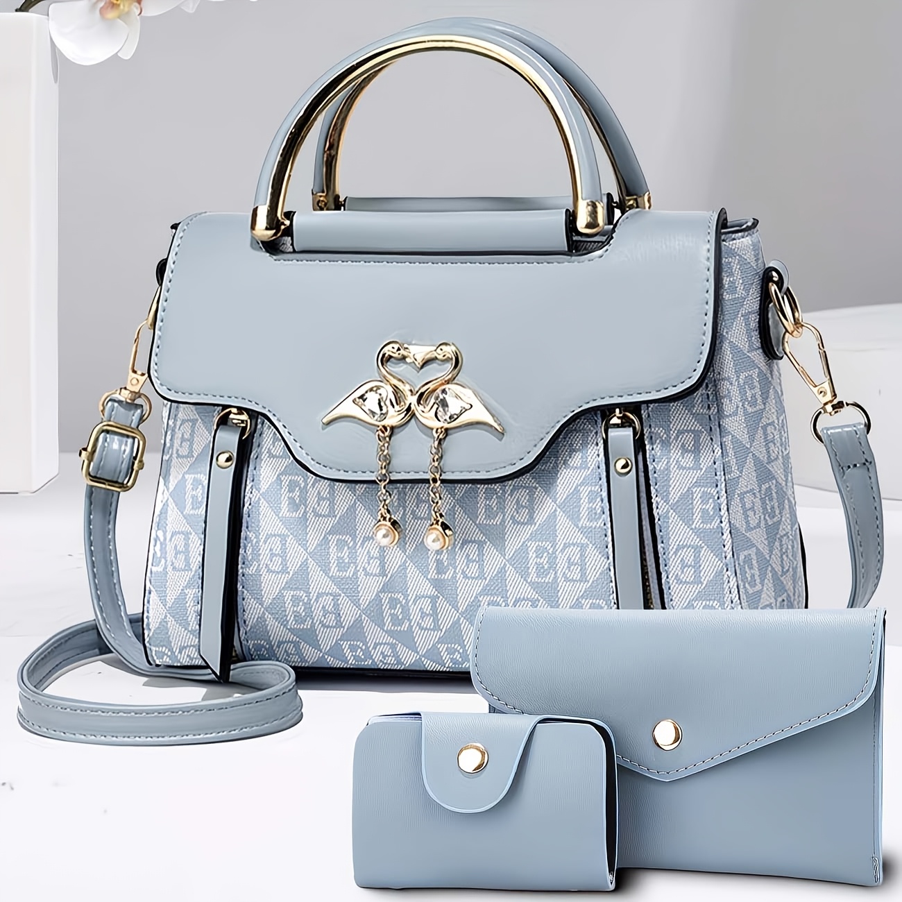 3pcs Women's Handbag Set, Swan Decor Top-Handle Tote Bag with Card Holder &amp; Purse, Elegant Crossbody Shoulder Bag, Pink Synthetic Leather &amp; Letter Print, Casual &amp; Party Use