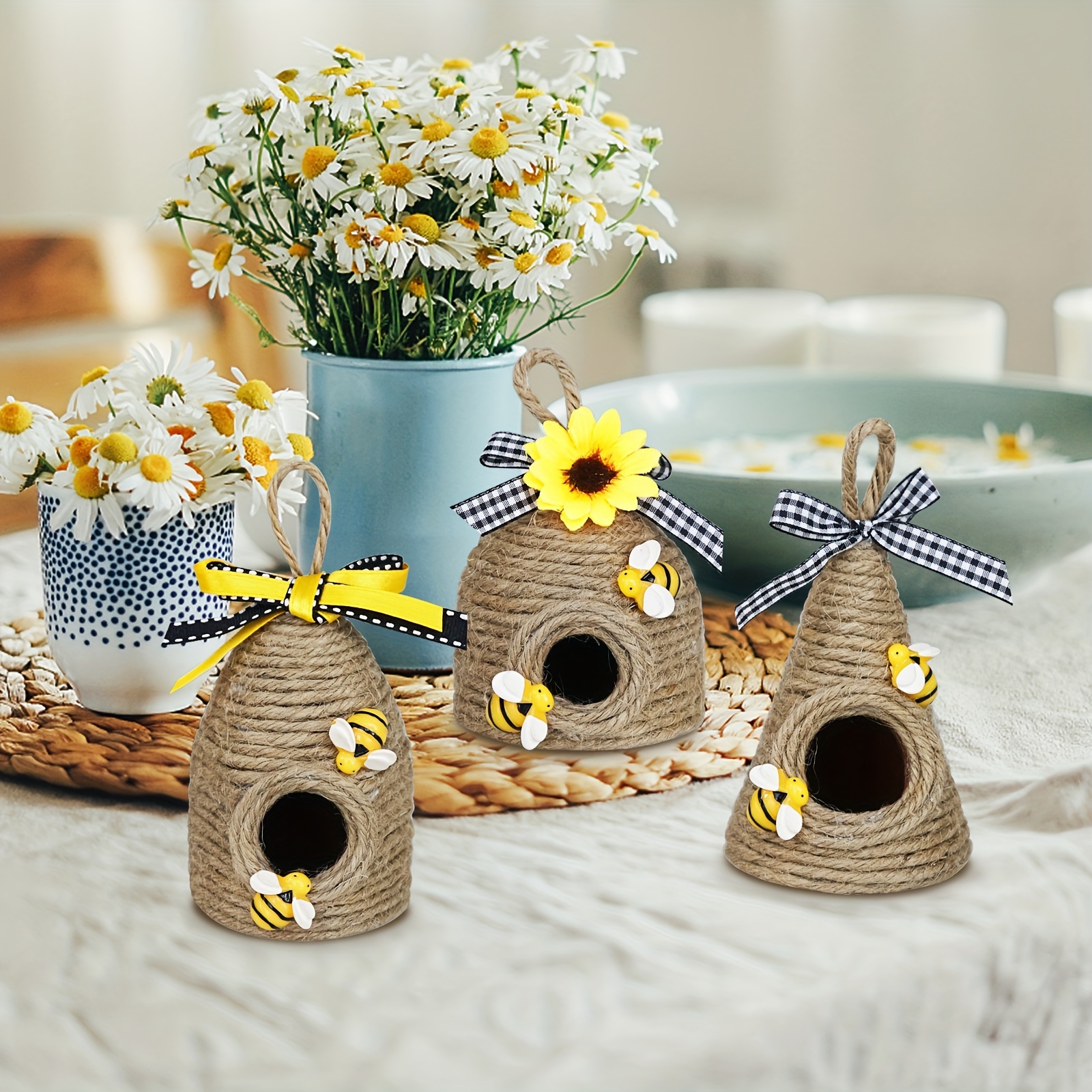 

3pcs Bee Hive Decor Bumble Bee Rustic Decor Hive, Natural Bee House, Bumble Bee Theme Party Decor Spring Summer Rustic Farmhouse Kitchen Table Tiered Tray Decor