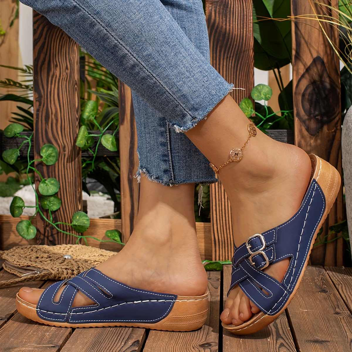 women's navy blue flat slide sandals casual summer open toe Temu