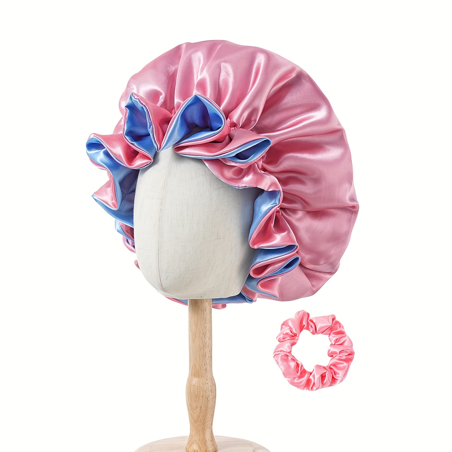 TEMU 2pcs New Solid Elastic Double Layer Satin Bonnet With Candy Color Hair Tie Doubleside Women Shower Bath Caps Hair Protection Hat