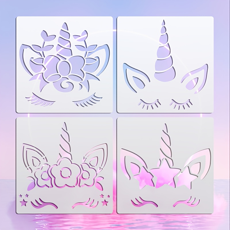 

4-pack Unicorn Reusable Drawing Stencils, 6.3x6.3 Inches, Creamy White Polyethylene Terephthalate Templates For Beginners, Diy Wall Art, Scrapbooking & Crafts